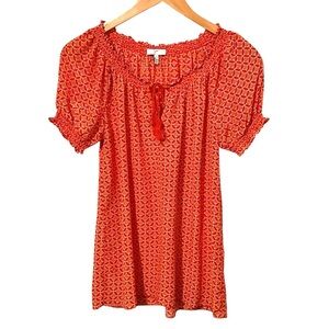 Joie Shirt Size XS Orange Floral Abstract Print 100% Silk Oversized Peasant